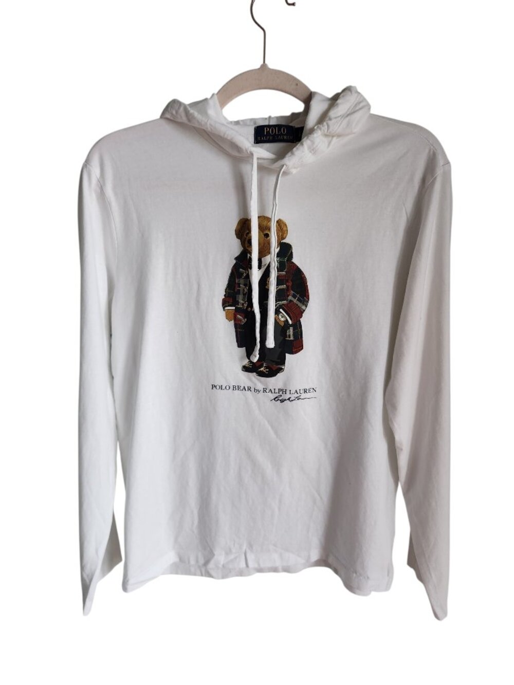 Polo Ralph Lauren Shirt Small Men's White Big Polo Bear Tee Long Sleeve Hooded